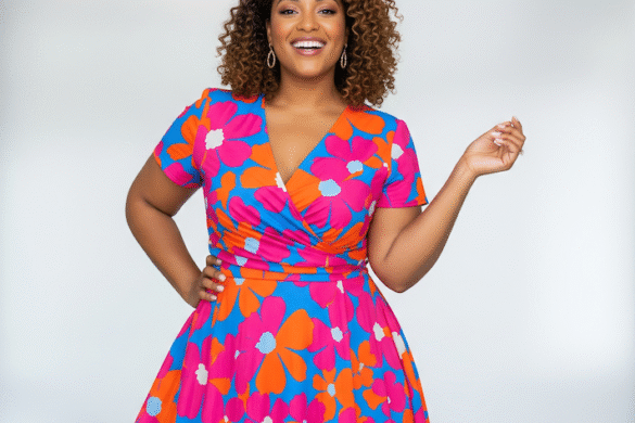 Froehliche kurvige Frau mit Kleid mit Muster