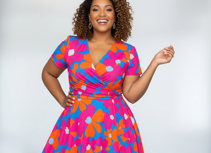 Froehliche kurvige Frau mit Kleid mit Muster