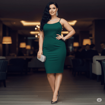 Eine elegante kurvige Frau in einem Cocktailkleid