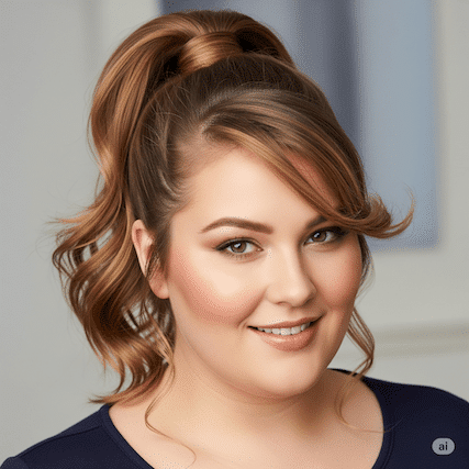 Glueckliche Frau mit Hochsteckfrisur welche perfekt bei Doppelkinn ist