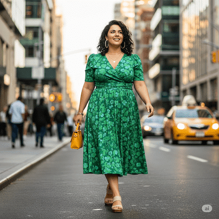 Kurvige Frau welche mit einem tollen Kleid durch die Stadt geht