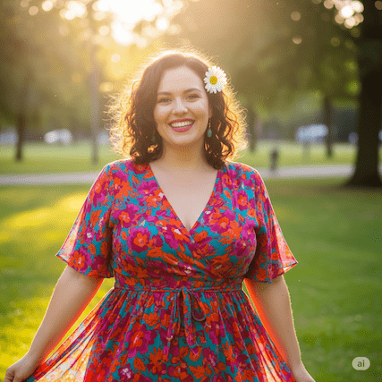 Lachende mollige Frau mit Kleid mit Blumenmuster