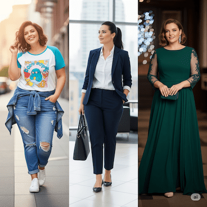Drei mollige Frauen mit Outfits casual elegant buero