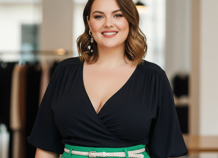 Gluekliche kurvige Frau mt eleganter Bluse