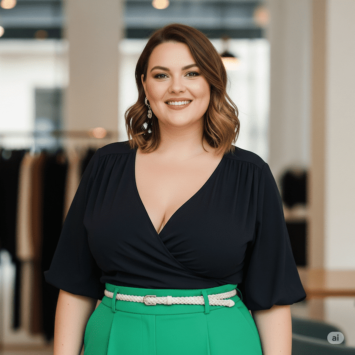 Gluekliche kurvige Frau mt eleganter Bluse