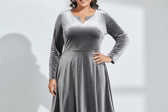 Kurvige Frau mit schoenem Samtkleid in grau