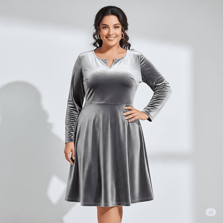 Kurvige Frau mit schoenem Samtkleid in grau