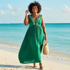 Frau in Uebergroessen am Strand mit einem Sommerkleid