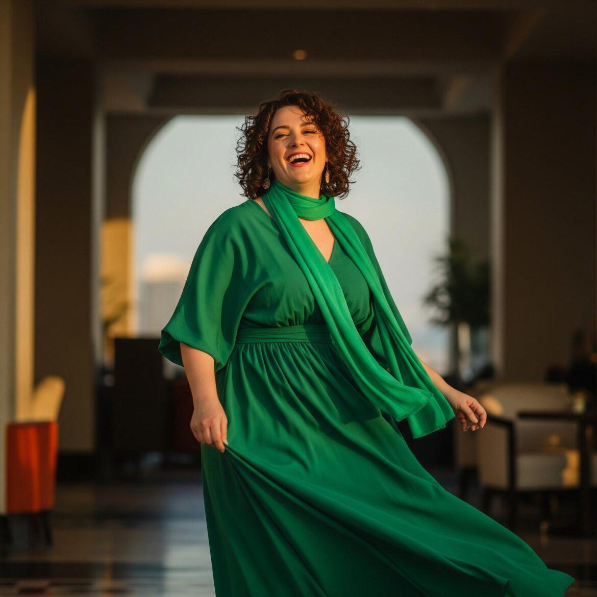 Lachende mollige Frau in einem gruenen Kleid