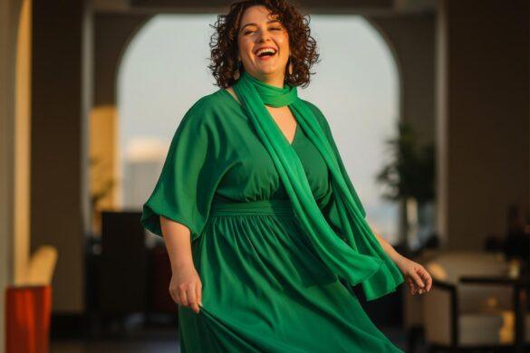 Lachende mollige Frau in einem gruenen Kleid