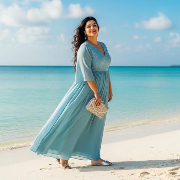 Mollige Frau am Strand mit luftigen Kleid