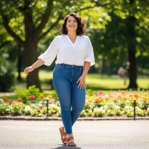 Mollige Dame im Park mit Jeans