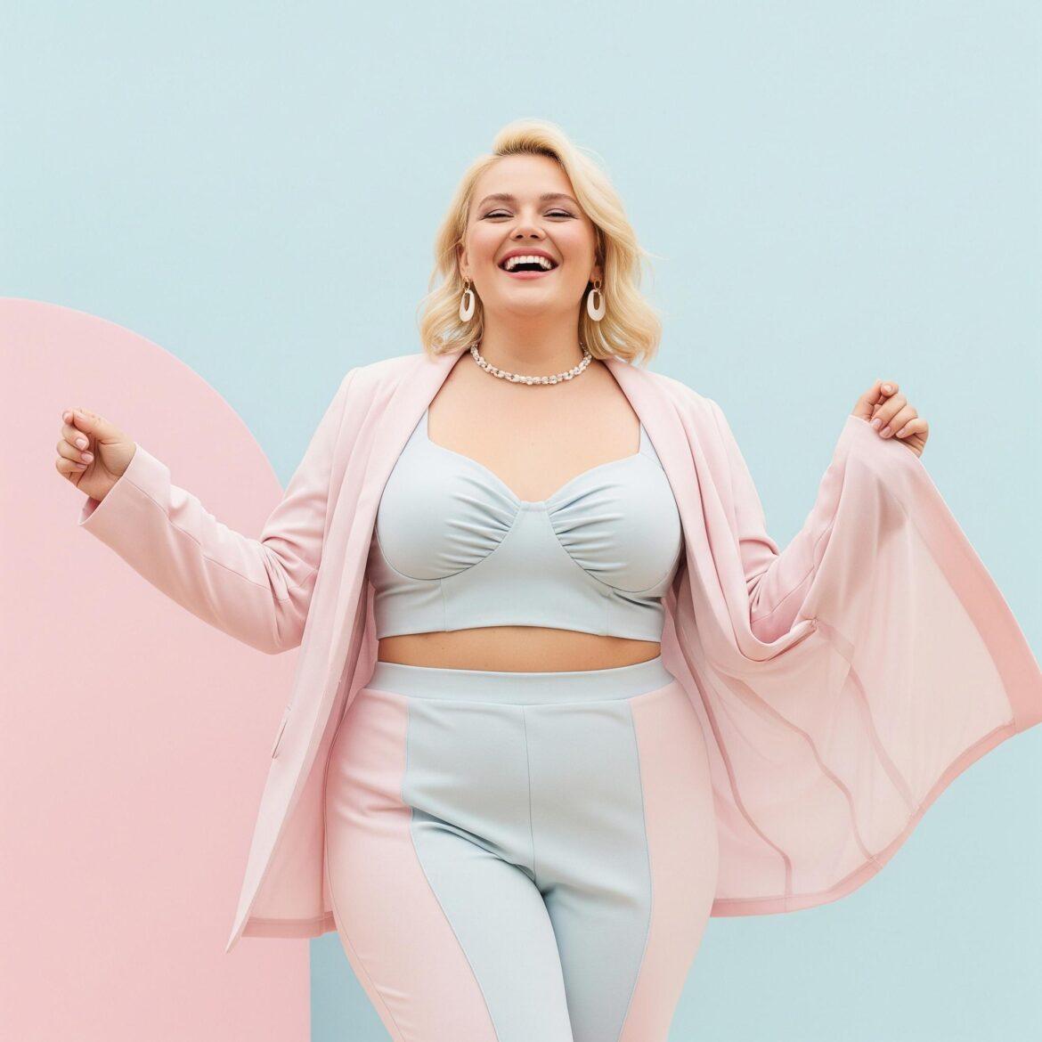 Glueckliche mollige Frau in tollem Outfit