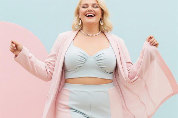 Glueckliche mollige Frau in tollem Outfit