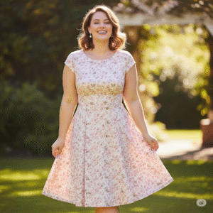 mollige Frau in einem A-Linien-Kleid mit Muster