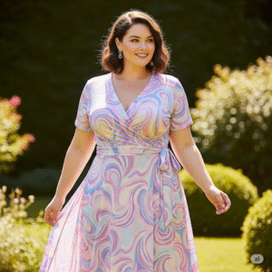 Frau mit einem Wickelkleid in grossen Groessen