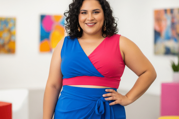 Eine mollige Frau mit gluecklichem Gesichsausdruck