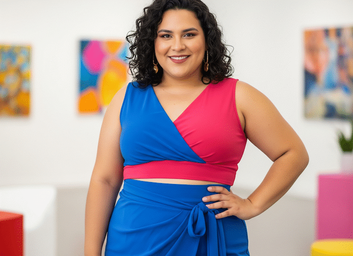 Eine mollige Frau mit gluecklichem Gesichsausdruck