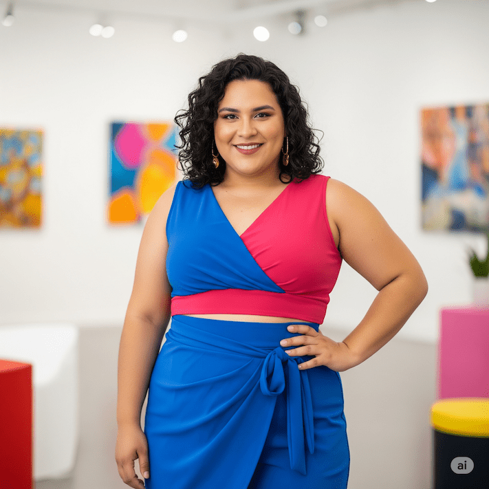 Eine mollige Frau mit gluecklichem Gesichsausdruck