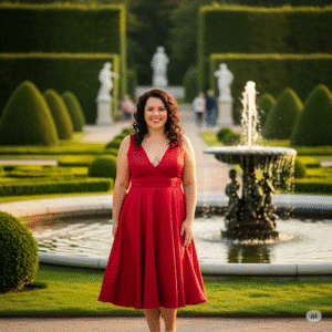 kurvige Dame in einem roten A-Linien-Kleid