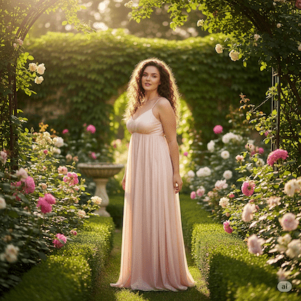 Eine kurvige Frau mit einem Empire-Kleid in einem hellen Pastellton