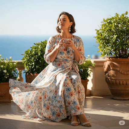 Eine kurvige Frau die ein Wickelkleid mit Muster traegt