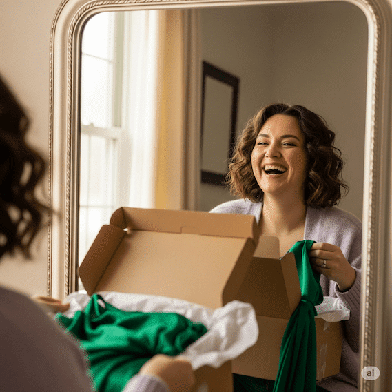 Eine mollige Frau die lachend vor einem Spiegel steht und ein Paeckchen mit einem neuen Kleid auspackt